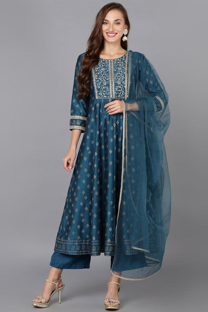 Blue Silk Blend Anarkali Kurta Pant With Dupatta | SHOBITAM