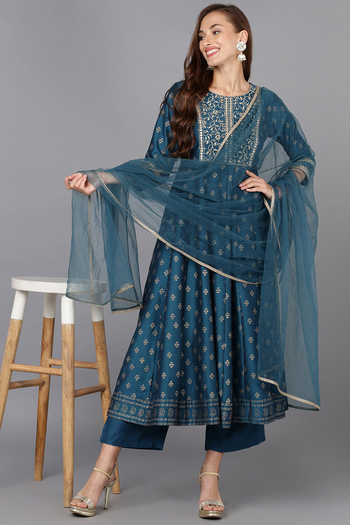 Blue Silk Blend Anarkali Kurta Pant With Dupatta | SHOBITAM