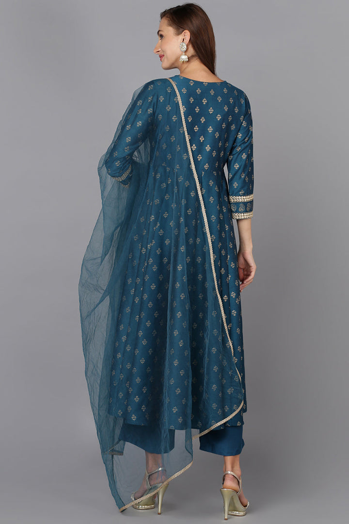 Blue Silk Blend Anarkali Kurta Pant With Dupatta | SHOBITAM