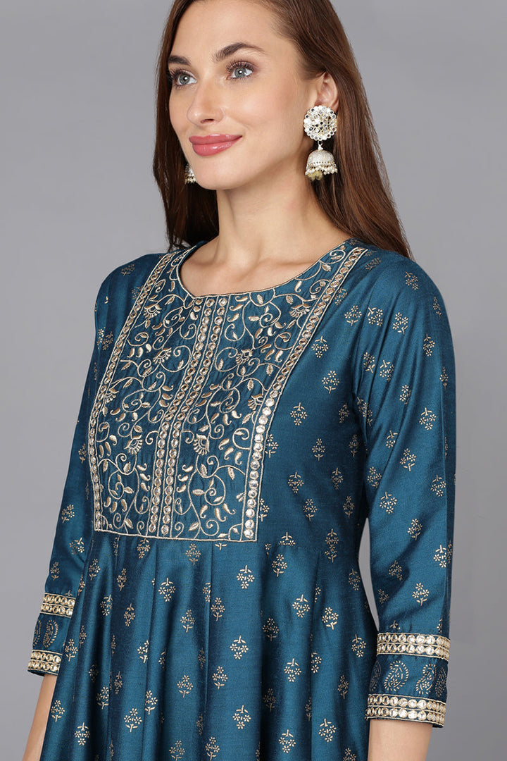 Blue Silk Blend Anarkali Kurta Pant With Dupatta | SHOBITAM
