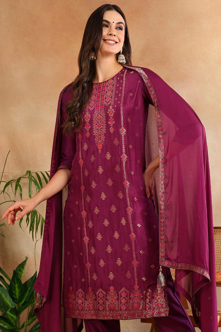 Poly Silk Maroon Embroidered Straight Suit Set | SHOBITAM