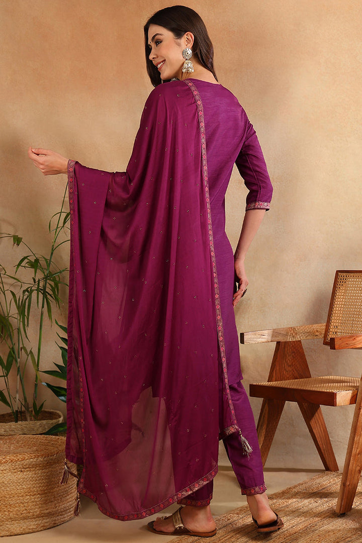 Poly Silk Maroon Embroidered Straight Suit Set | SHOBITAM