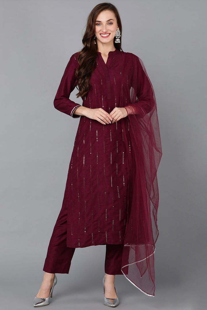 Burgundy Silk Blend Embroidered Kurta Pant With Dupatta   | SHOBITAM