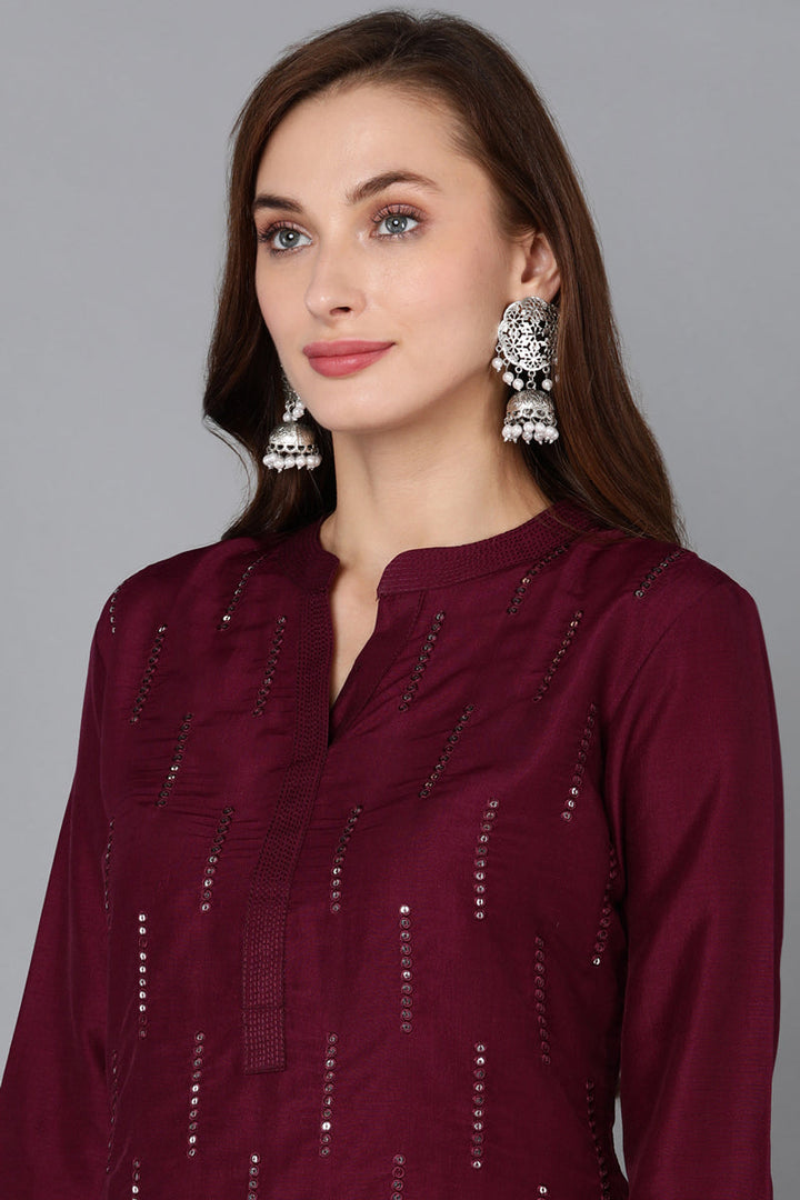 Burgundy Silk Blend Embroidered Kurta Pant With Dupatta   | SHOBITAM
