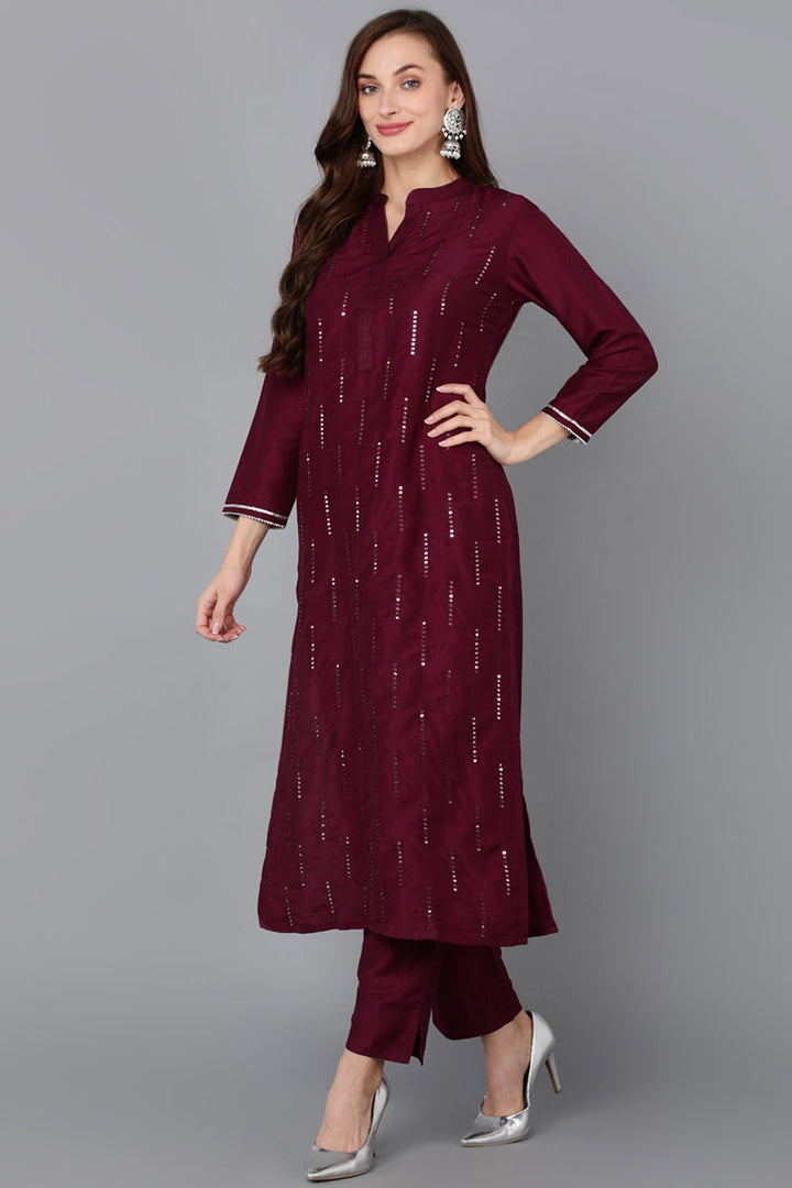 Burgundy Silk Blend Embroidered Kurta Pant With Dupatta   | SHOBITAM