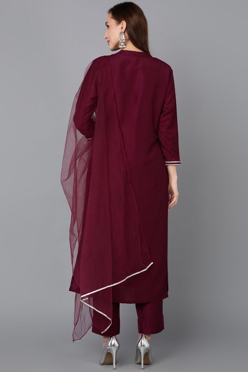Burgundy Silk Blend Embroidered Kurta Pant With Dupatta   | SHOBITAM