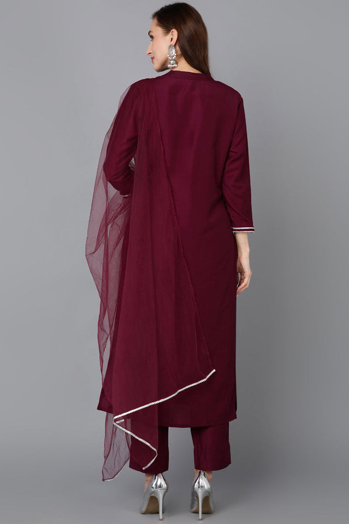 Burgundy Silk Blend Embroidered Kurta Pant With Dupatta   | SHOBITAM