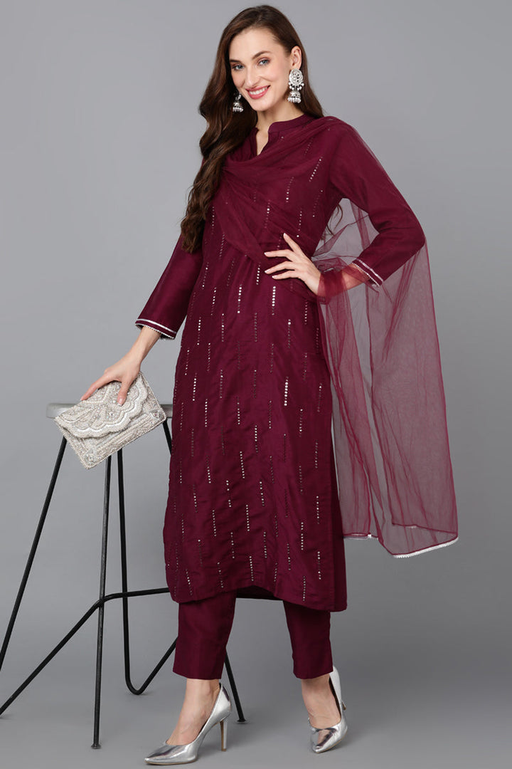 Burgundy Silk Blend Embroidered Kurta Pant With Dupatta   | SHOBITAM