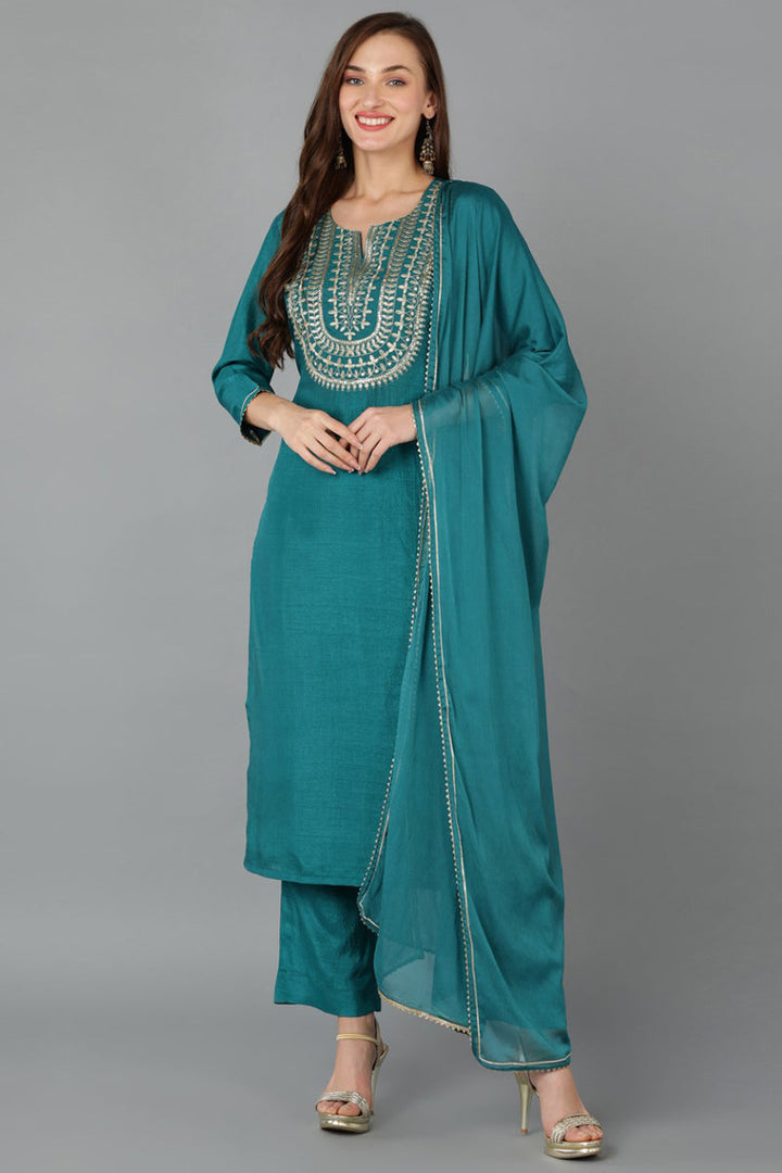 Teal Silk Blend Straight Kurta Pant With Dupatta  | SHOBITAM