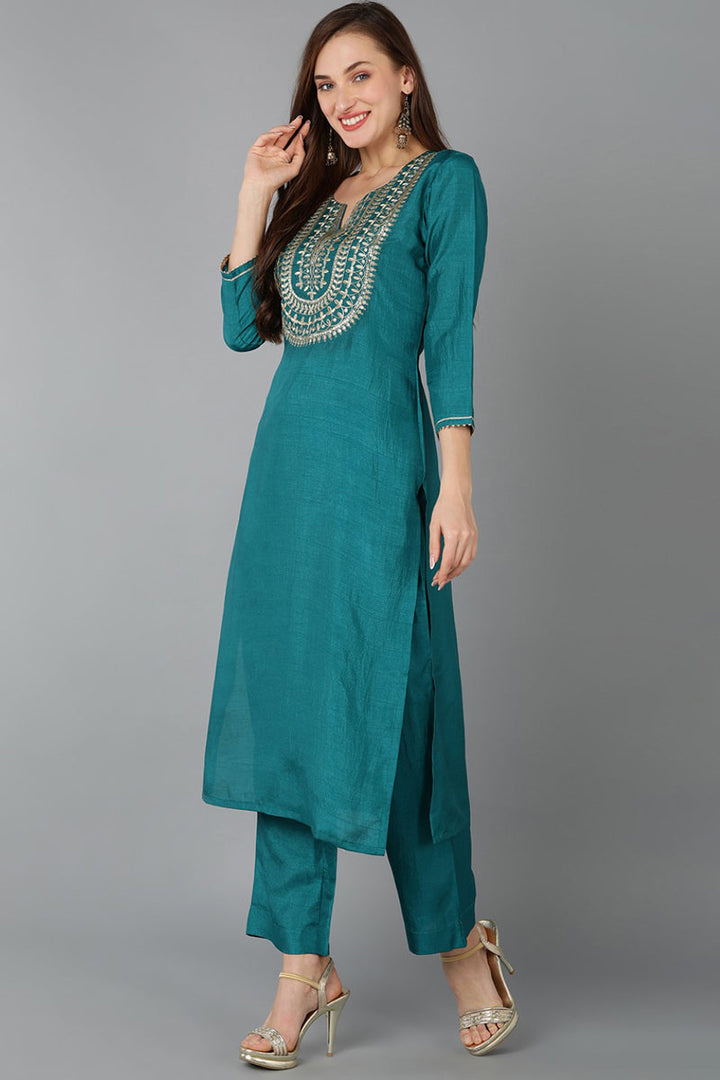 Teal Silk Blend Straight Kurta Pant With Dupatta  | SHOBITAM