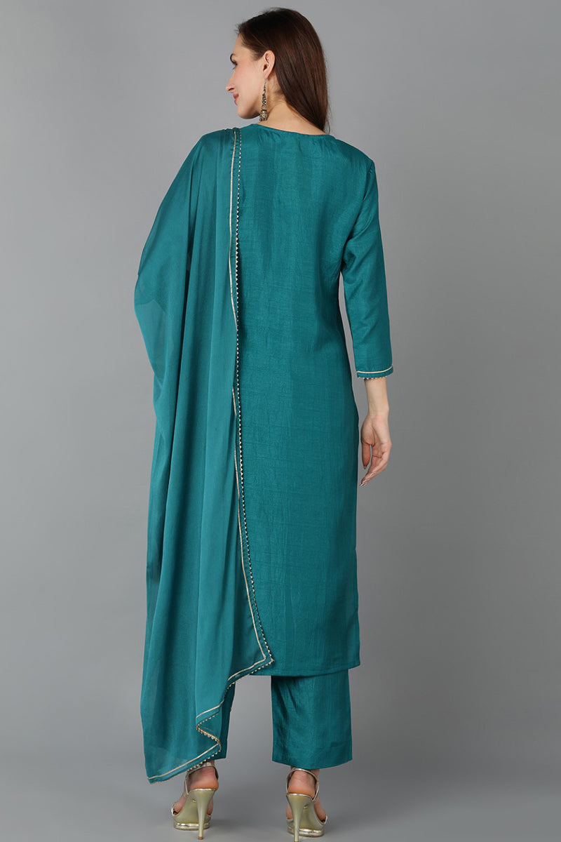 Teal Silk Blend Straight Kurta Pant With Dupatta  | SHOBITAM