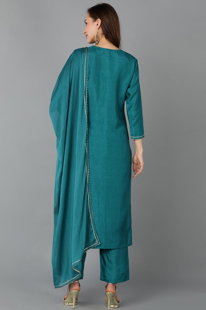 Teal Silk Blend Straight Kurta Pant With Dupatta  | SHOBITAM