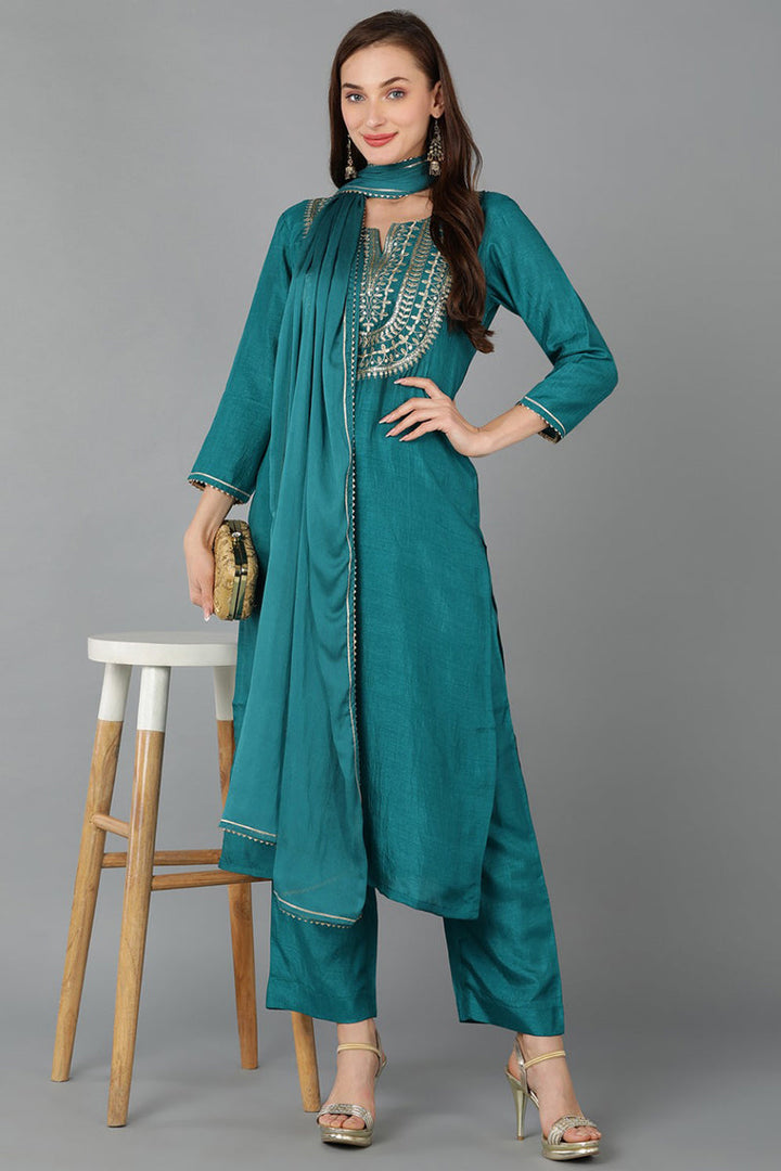 Teal Silk Blend Straight Kurta Pant With Dupatta  | SHOBITAM