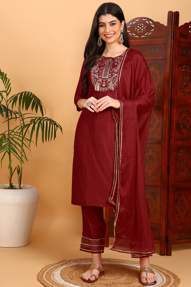 Red Silk Blend Embroidered Kurta Pant With Dupatta   | SHOBITAM