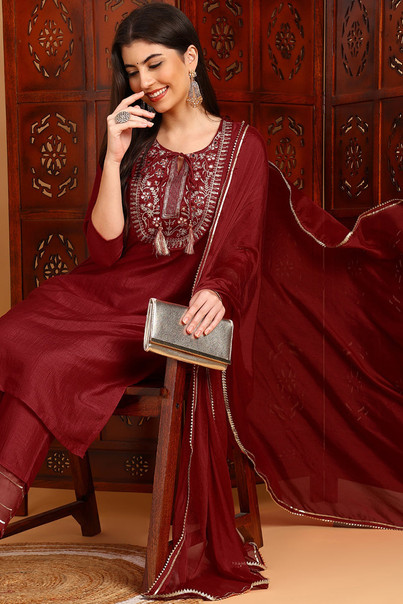 Red Silk Blend Embroidered Kurta Pant With Dupatta   | SHOBITAM