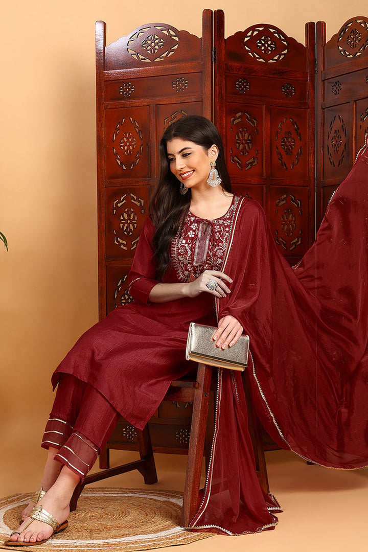 Red Silk Blend Embroidered Kurta Pant With Dupatta   | SHOBITAM