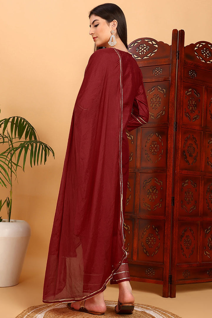 Red Silk Blend Embroidered Kurta Pant With Dupatta   | SHOBITAM