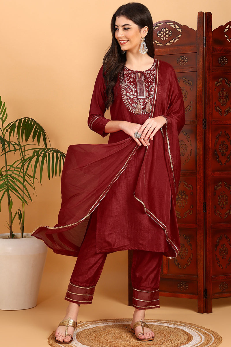 Red Silk Blend Embroidered Kurta Pant With Dupatta   | SHOBITAM