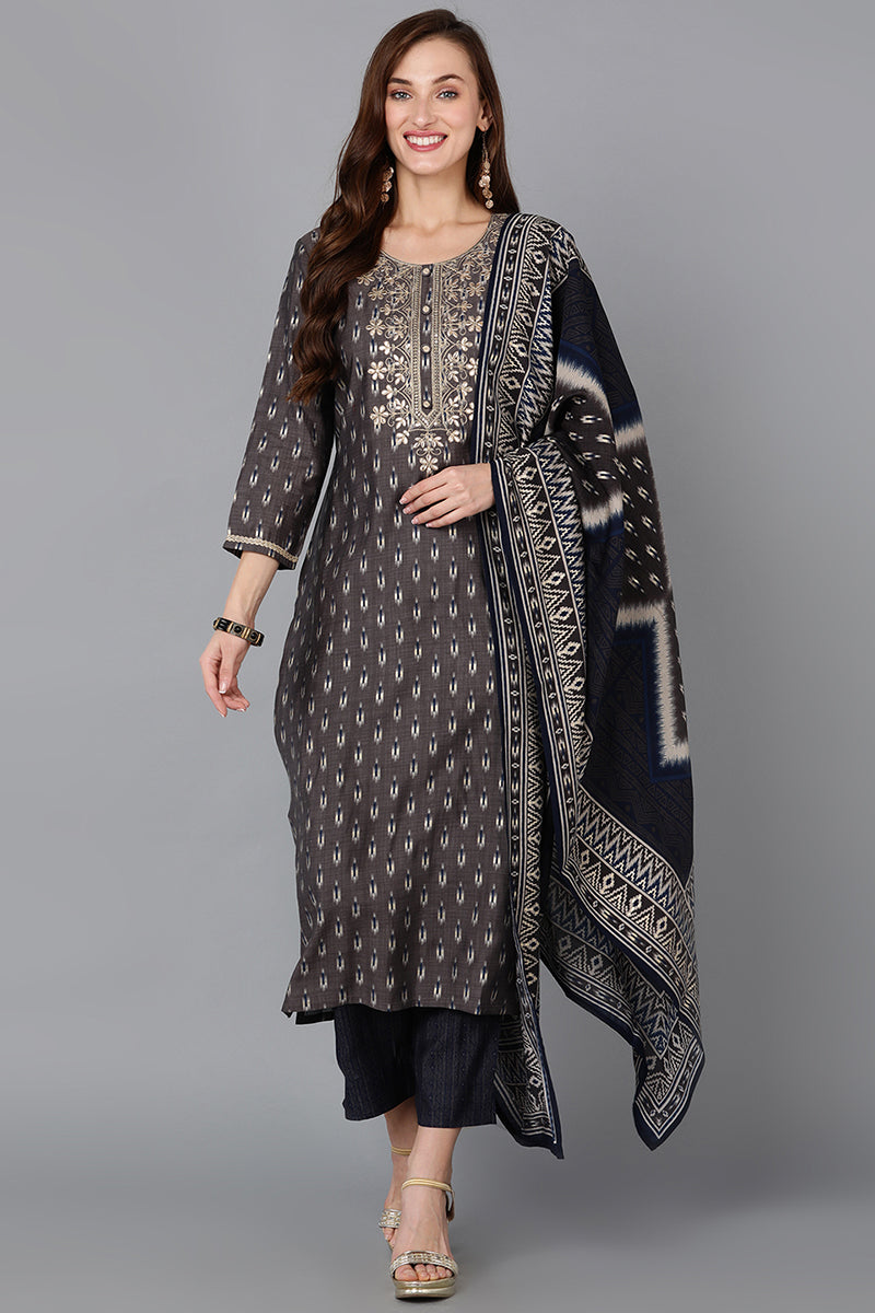 Silk Blend Grey Printed Straight Kurta Pant With Dupatta | SHOBITAM