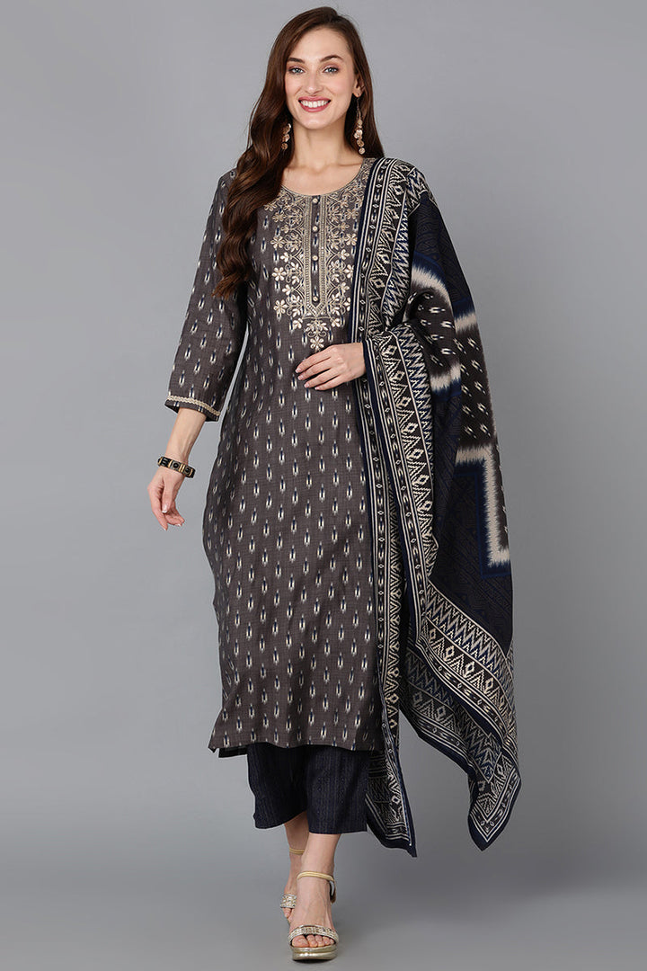 Silk Blend Grey Printed Straight Kurta Pant With Dupatta | SHOBITAM