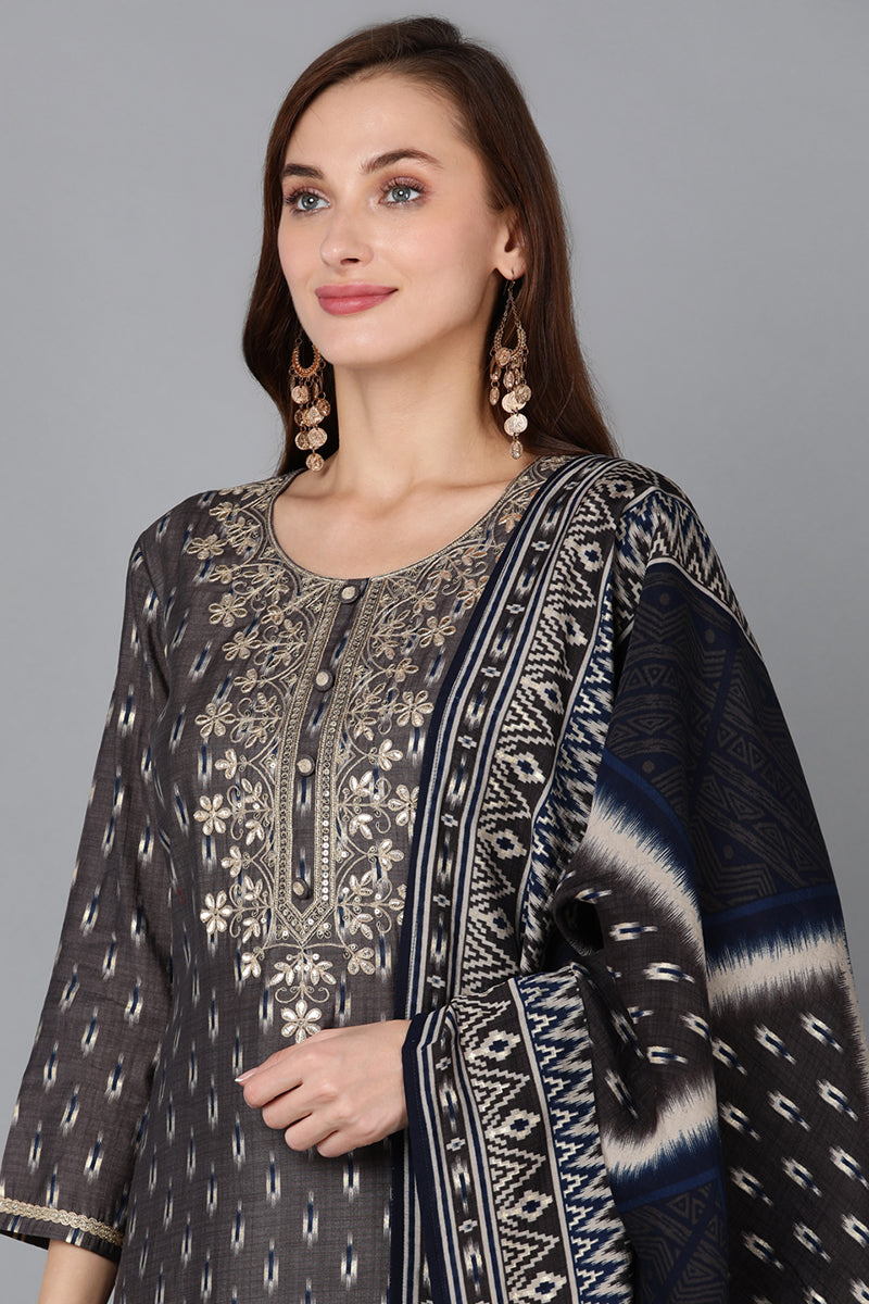 Silk Blend Grey Printed Straight Kurta Pant With Dupatta | SHOBITAM