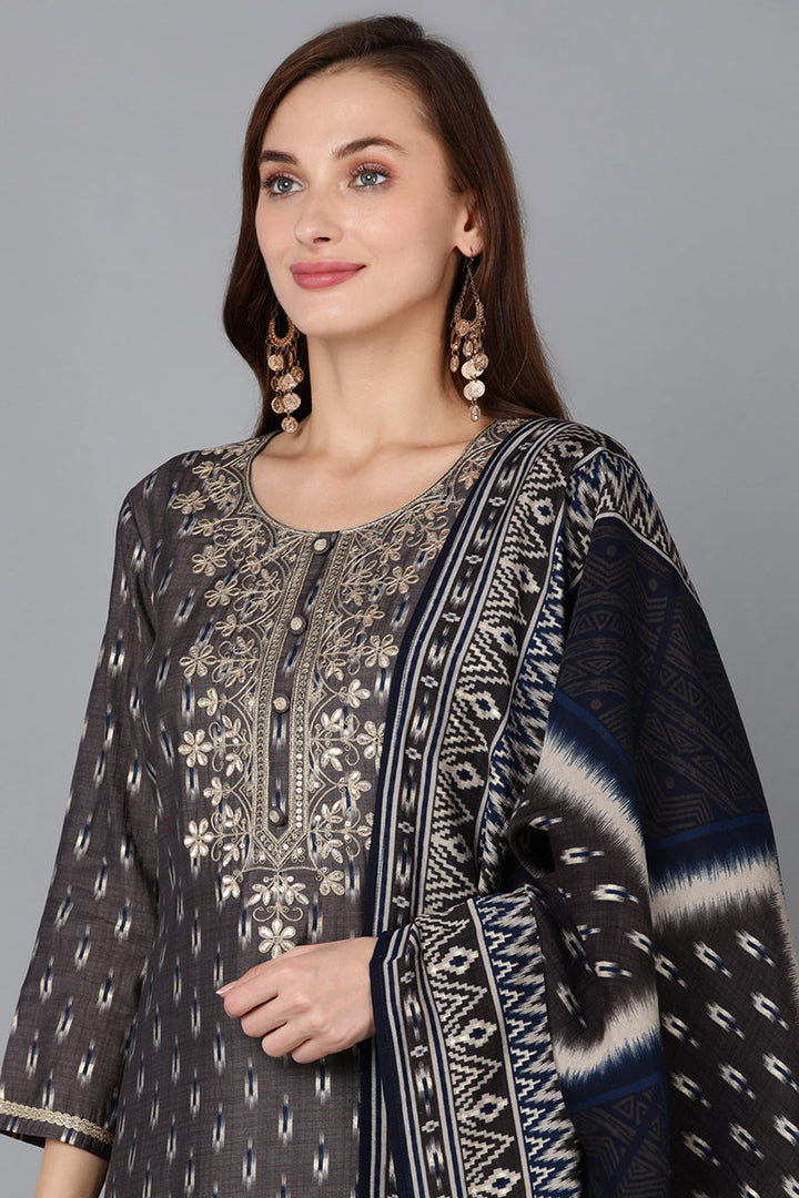 Silk Blend Grey Printed Straight Kurta Pant With Dupatta | SHOBITAM