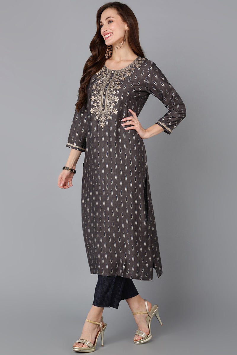 Silk Blend Grey Printed Straight Kurta Pant With Dupatta | SHOBITAM