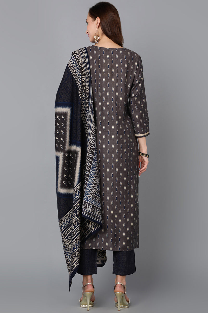 Silk Blend Grey Printed Straight Kurta Pant With Dupatta | SHOBITAM