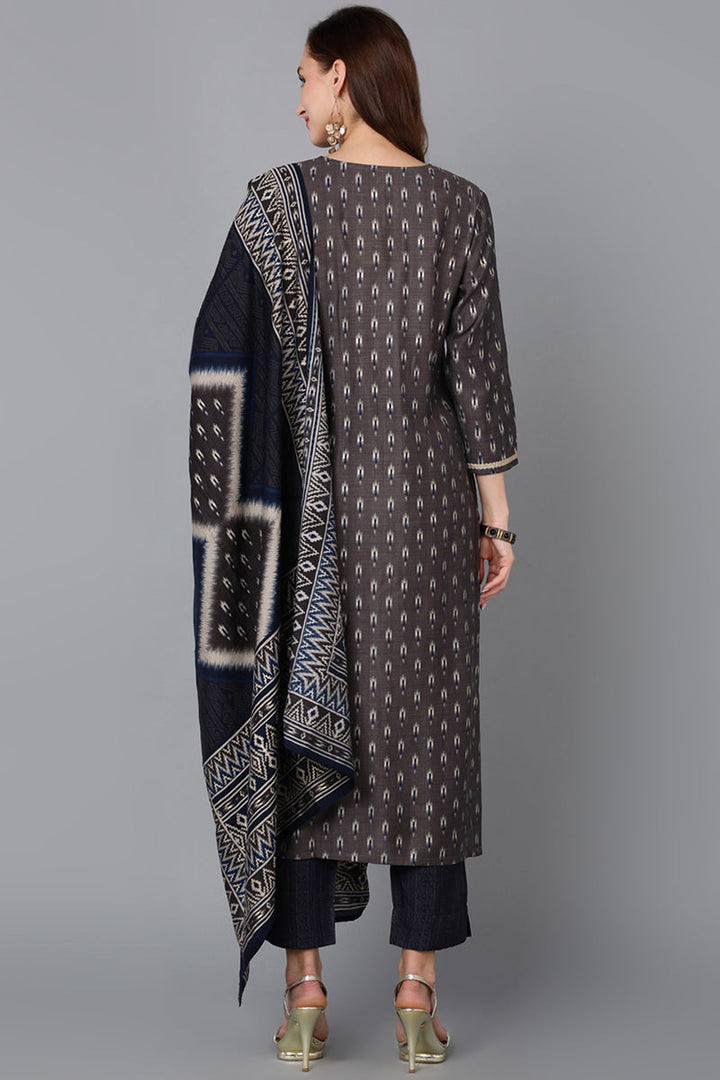 Silk Blend Grey Printed Straight Kurta Pant With Dupatta | SHOBITAM