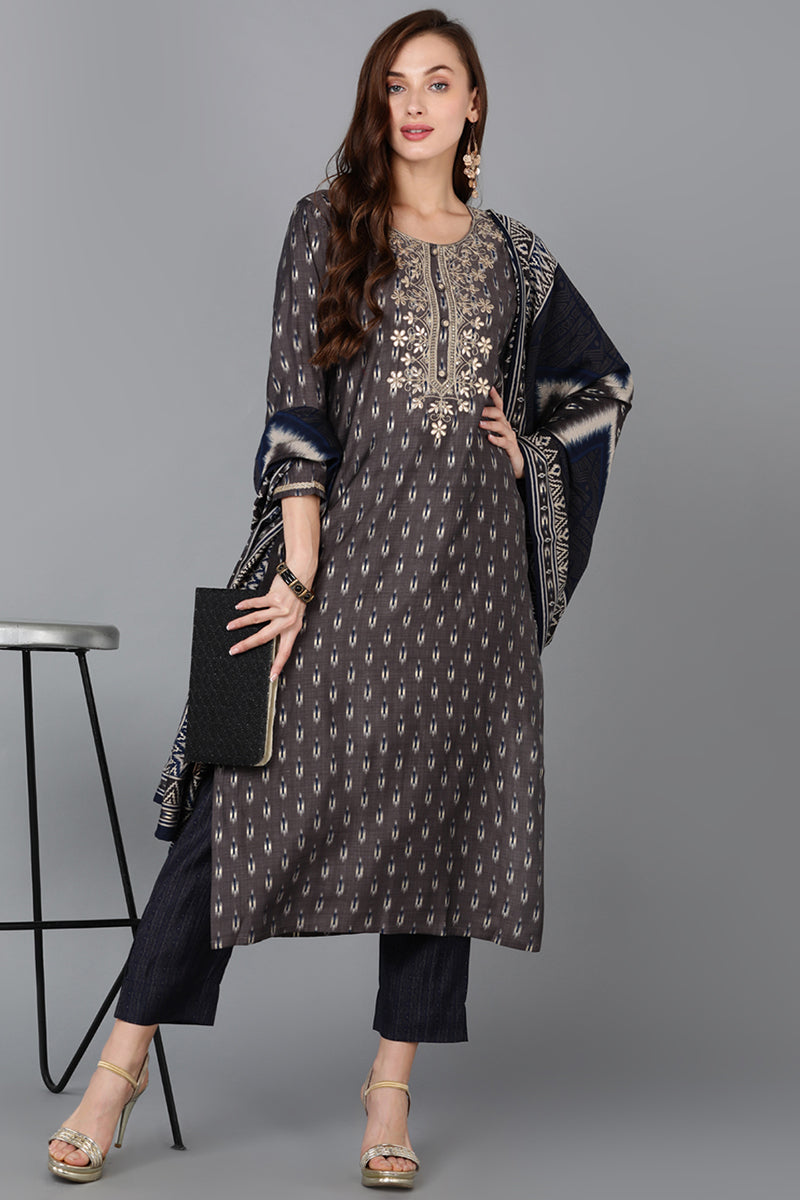 Silk Blend Grey Printed Straight Kurta Pant With Dupatta | SHOBITAM