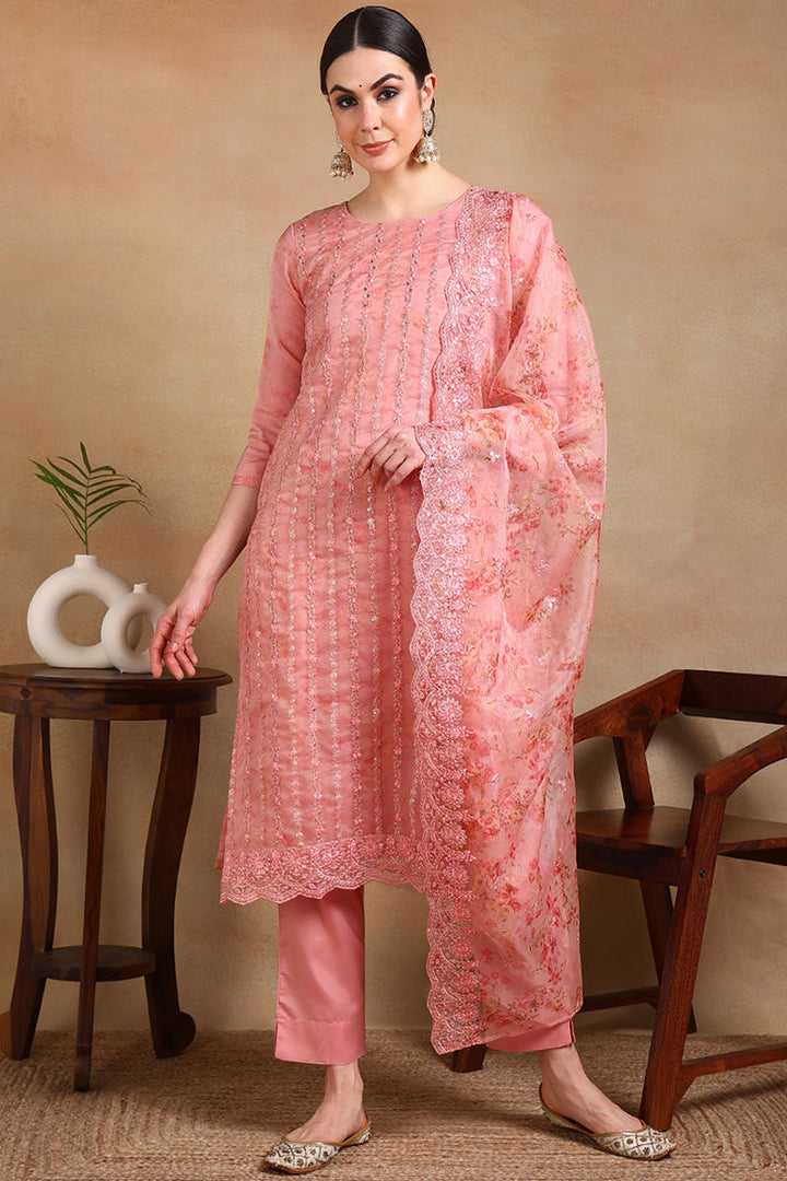 Peach Organza Ethnic Motifs Straight Suit Set | SHOBITAM
