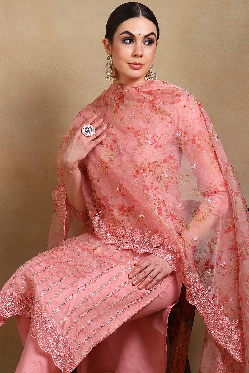 Peach Organza Ethnic Motifs Straight Suit Set | SHOBITAM