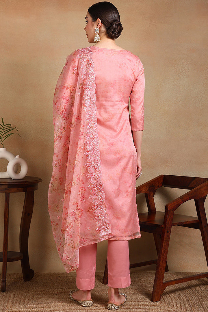 Peach Organza Ethnic Motifs Straight Suit Set | SHOBITAM