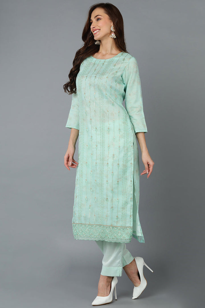 Sea Green Organza Embroidered Kurta Pant With Dupatta | SHOBITAM