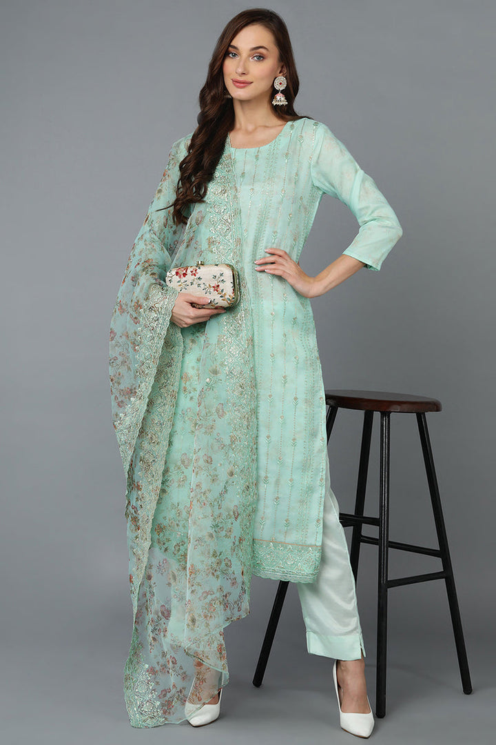 Sea Green Organza Embroidered Kurta Pant With Dupatta | SHOBITAM
