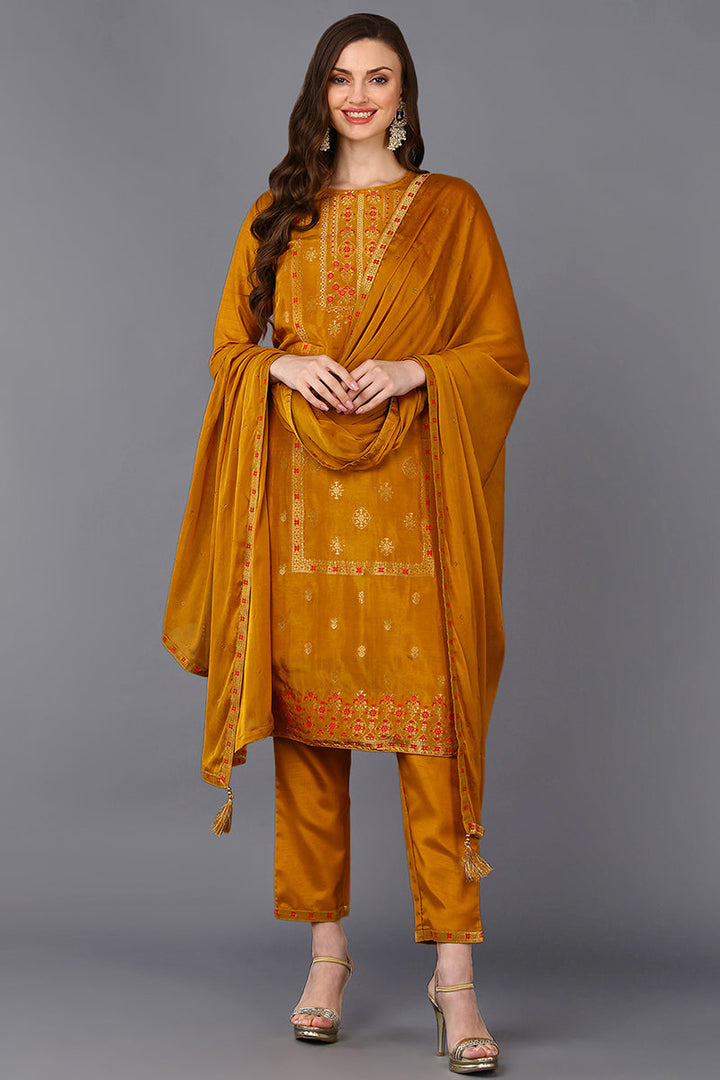 Silk Blend Mustard Embroidered Straight Suit Set | SHOBITAM