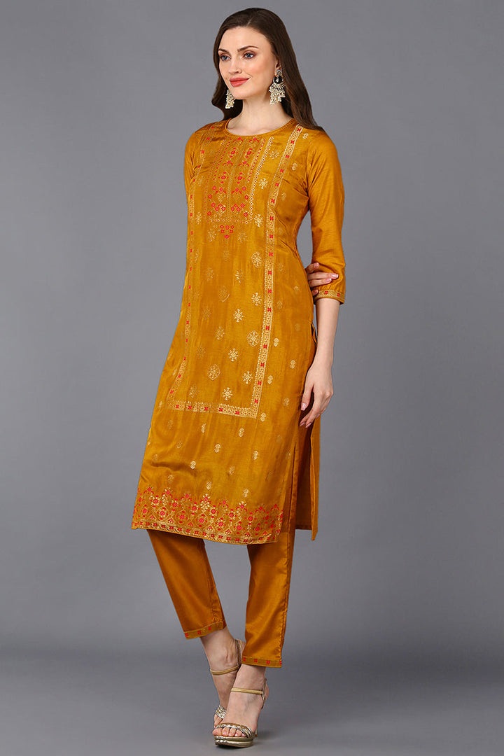 Silk Blend Mustard Embroidered Straight Suit Set | SHOBITAM
