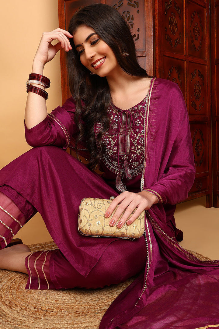 Silk Blend Purple Embroidered Straight Kurta Pant With Dupatta | SHOBITAM