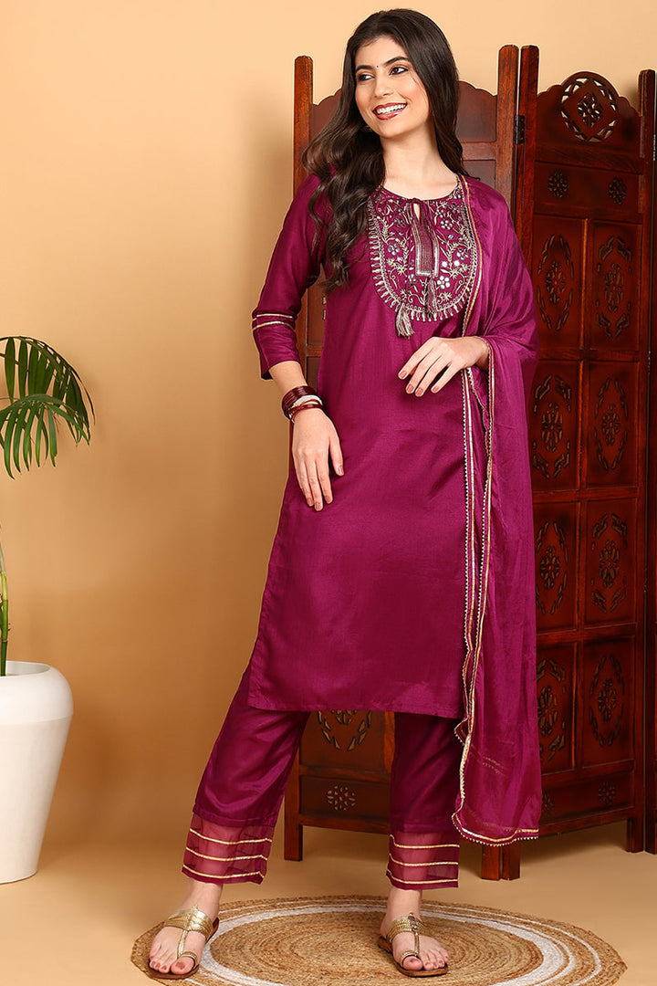Silk Blend Purple Embroidered Straight Kurta Pant With Dupatta | SHOBITAM