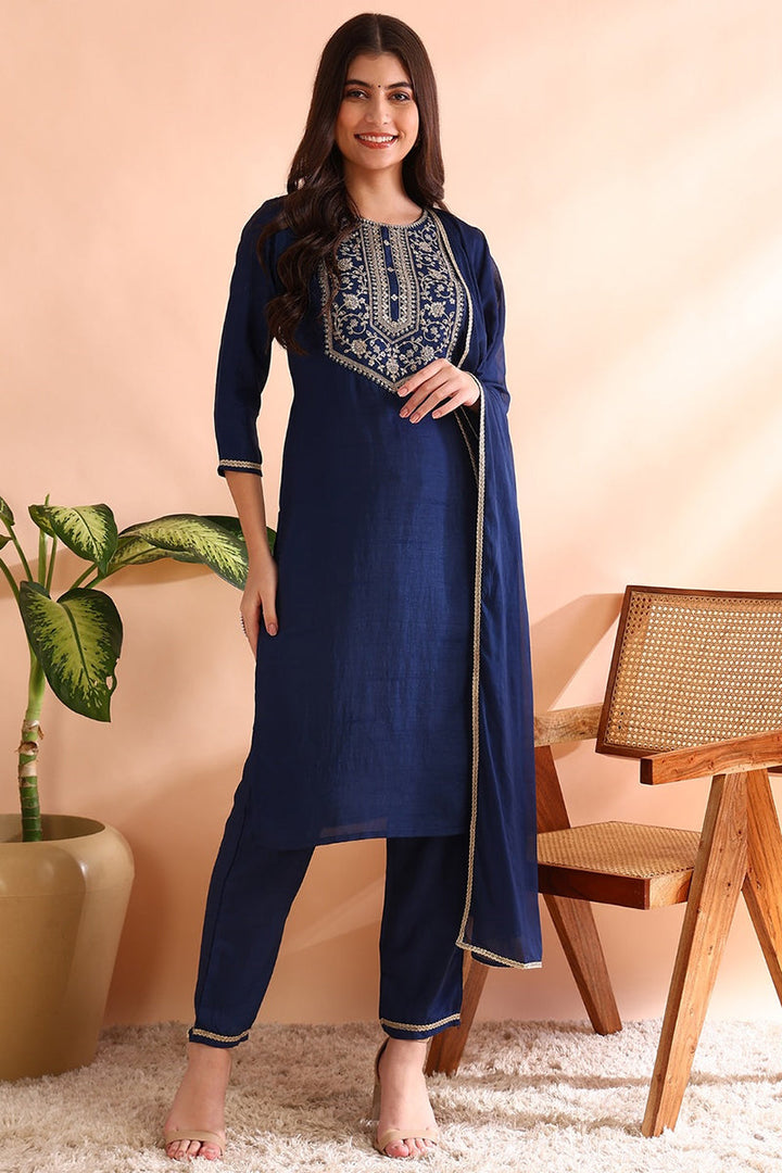 Blue Silk Blend Straight Yoke Design Kurta Pant With Dupatta | SHOBITAM