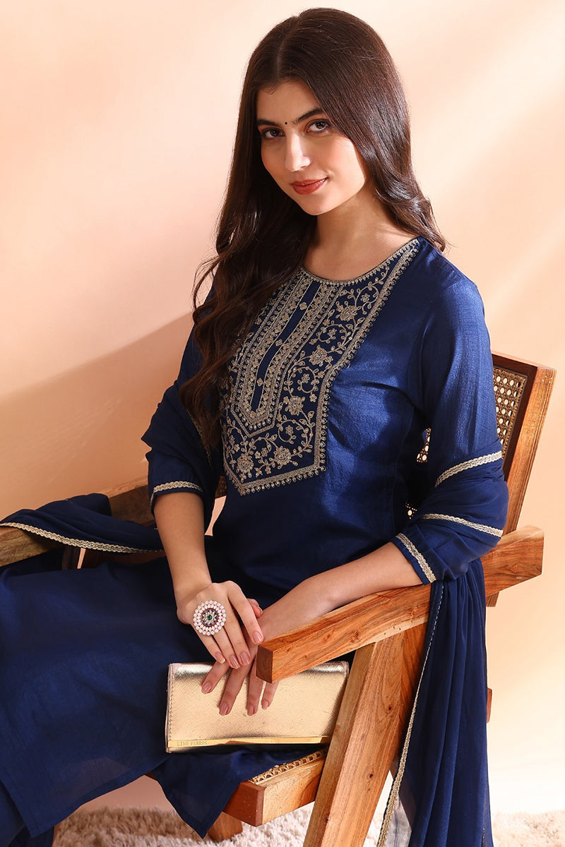 Blue Silk Blend Straight Yoke Design Kurta Pant With Dupatta | SHOBITAM