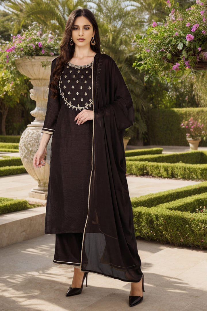 Silk Blend Black Embroidered Straight Kurta Pant With Dupatta  | SHOBITAM