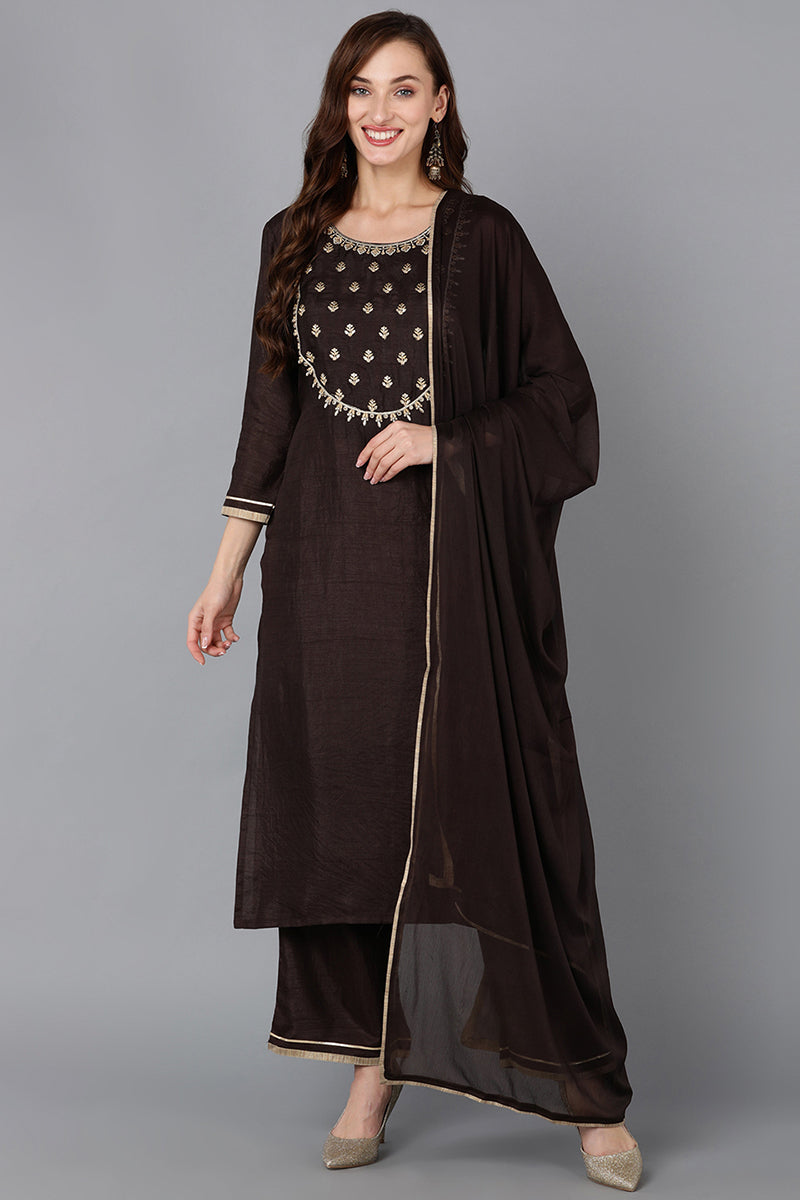 Silk Blend Black Embroidered Straight Kurta Pant With Dupatta  | SHOBITAM
