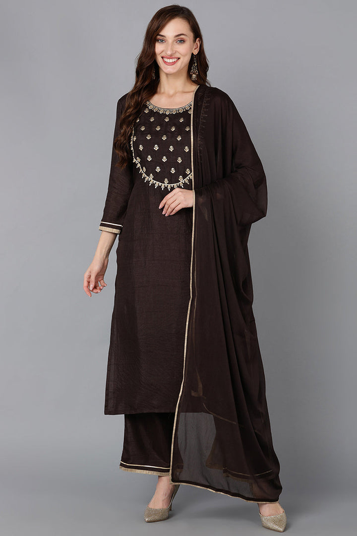 Silk Blend Black Embroidered Straight Kurta Pant With Dupatta  | SHOBITAM
