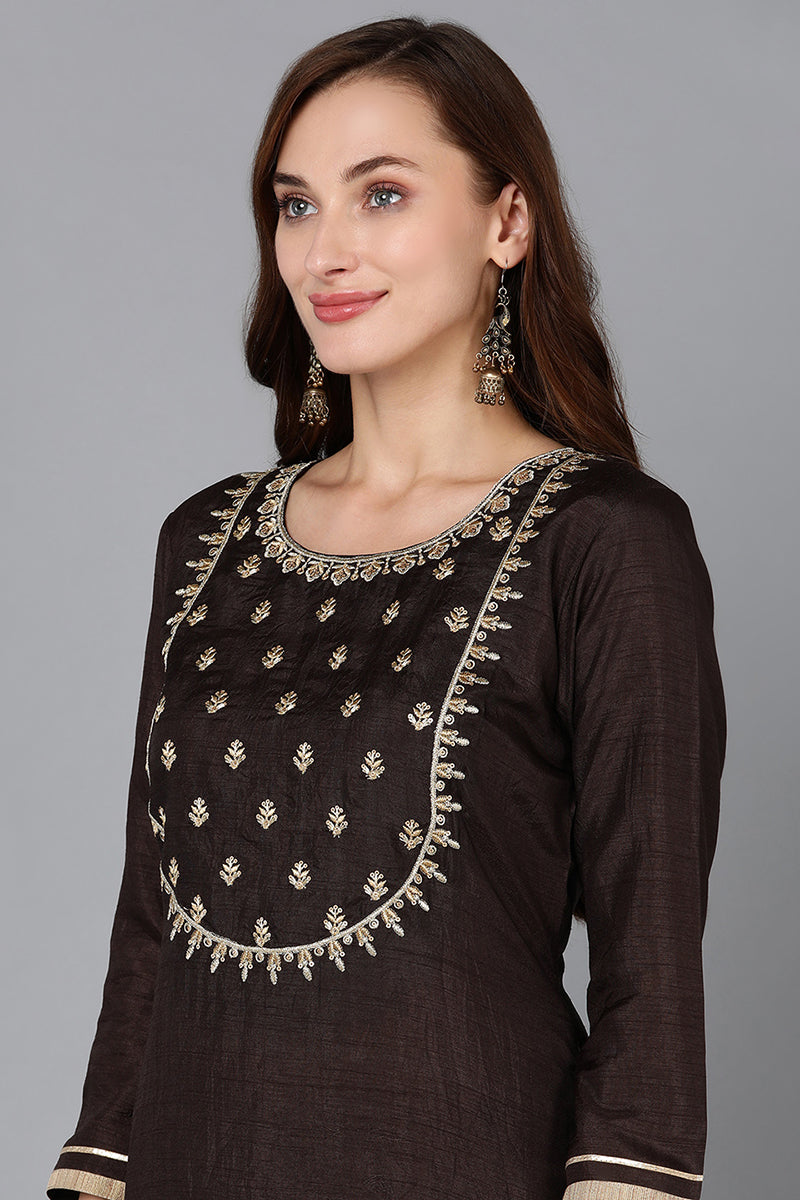 Silk Blend Black Embroidered Straight Kurta Pant With Dupatta  | SHOBITAM
