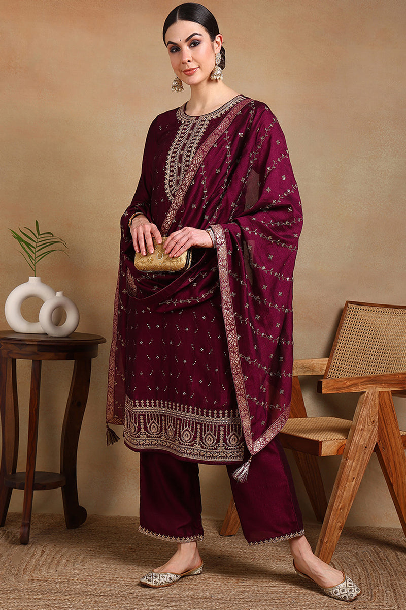 Silk Blend Wine Embroidered Straight Kurta Pant With Dupatta  | SHOBITAM