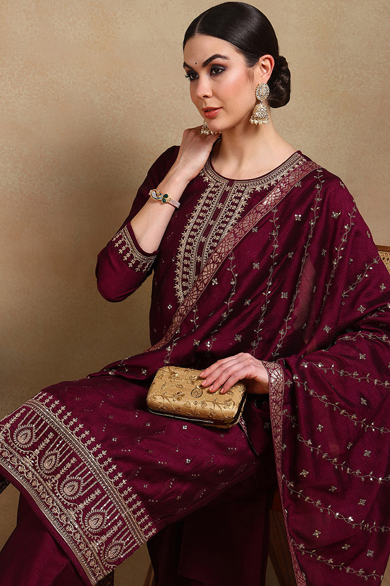 Silk Blend Wine Embroidered Straight Kurta Pant With Dupatta  | SHOBITAM