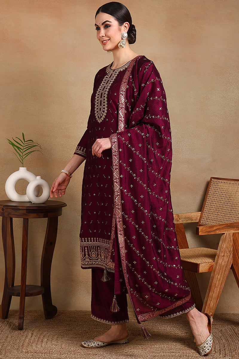 Silk Blend Wine Embroidered Straight Kurta Pant With Dupatta  | SHOBITAM