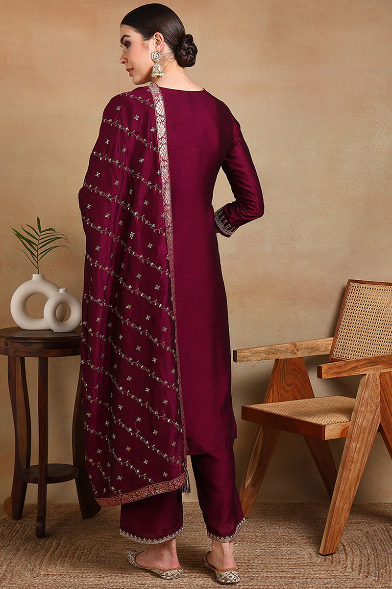Silk Blend Wine Embroidered Straight Kurta Pant With Dupatta  | SHOBITAM