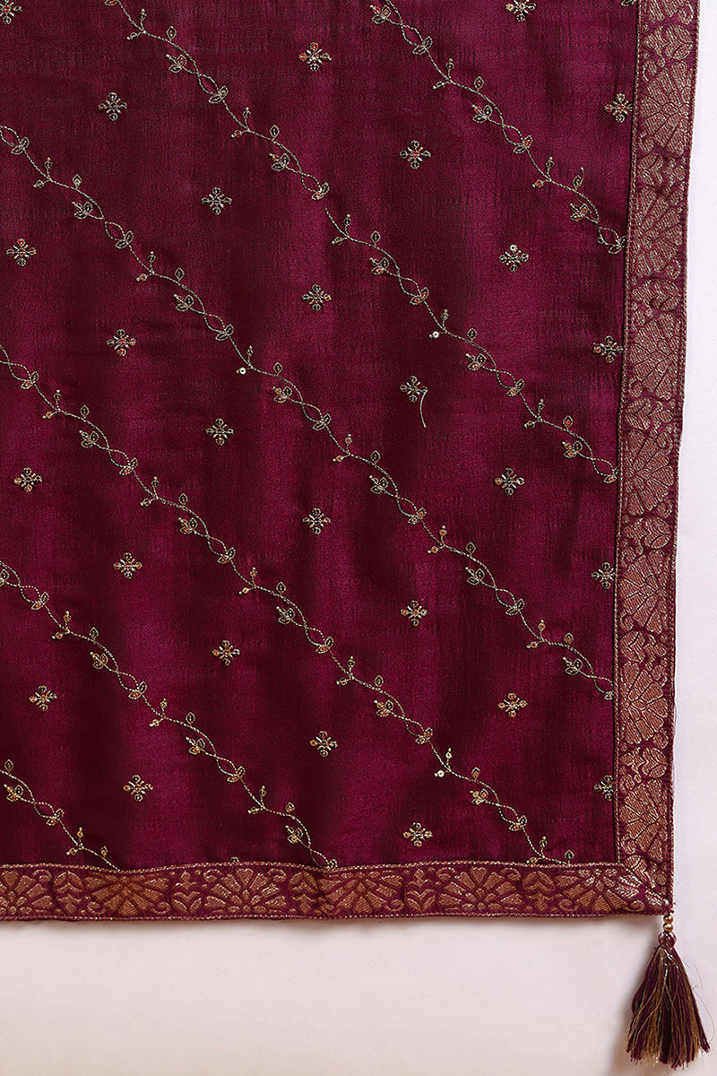 Silk Blend Wine Embroidered Straight Kurta Pant With Dupatta  | SHOBITAM